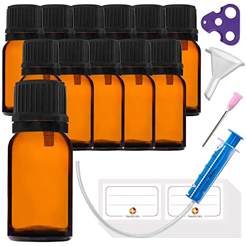 HandsUnity 10ml-12pcs Dropper Insert Bottle Small Amber Glass Bottle – Apothecary Glass with Black Dropper Insert Cap made of Brown Glass set including 30 auxiliary Accessories