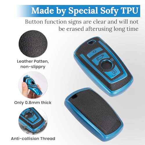 Image of Key Fob Cover for BMW, Leather-Style Keychain Tab Cover, Blue