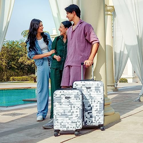 Image of THE ASSEMBLY Printed Luggage Set Of 2 Polycarbonate Hard Sided Spinner Suitcase (Grey Camouflage, 55 Cm Cabin Trolley Bag & 65 Cm Medium Check-In Suitcase With Tsa Lock)