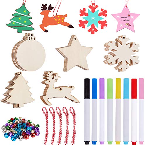 Artmag 50pcs Unfinished Wooden Hanging Ornaments for Christmas Decorations,5 Styles DIY Wood Slices with Holes for Kids Crafts Centerpieces Holiday Hanging Decorations