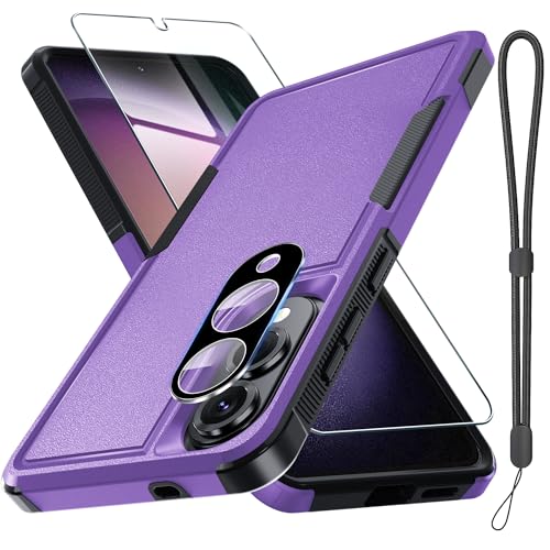 RMOCR Case for Samsung Galaxy S25 Edge, Full Body Heavy Duty Rugged Shockproof Protective Phone Cover with Lanyard Strap, Tempered Glass Screen Protector and Camera Lens Cover, Lavender