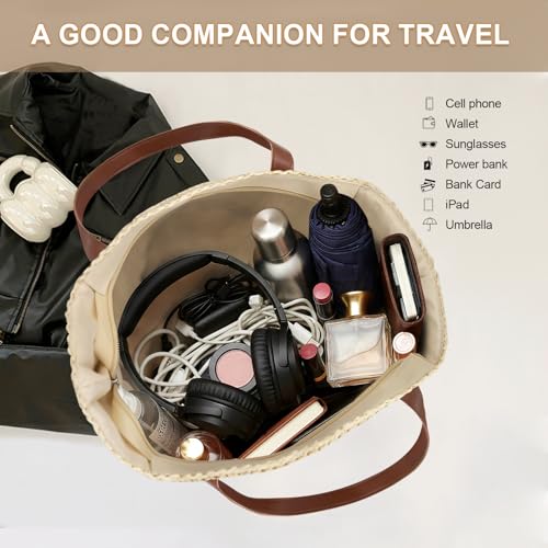 Image of Long Keeper Beach Bags for Women Summer Straw Bag with Zipper Woven Shoulder Handbag Beach Tote Bags for Travel Vacation