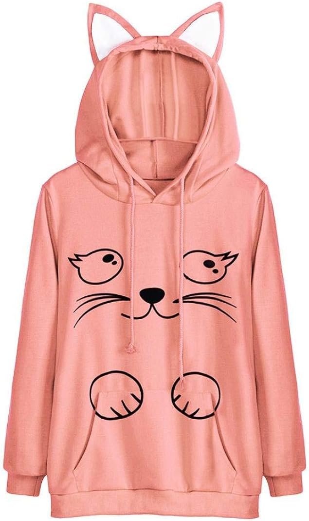 Hoodies Ladies Fashion Cute Cat Print Hoodie Elegant Loose Casual Long