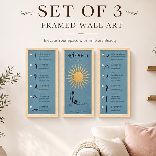 Image of Surya Namaskar Framed Wall Art Painting for Living Room, Set of 3 Sun Salutation Yoga Poses Infographic Poster with 12 Sanskrit Mantras & Meanings, Spiritual Exercise Gym, Home Decor (Size 24x48 cm)