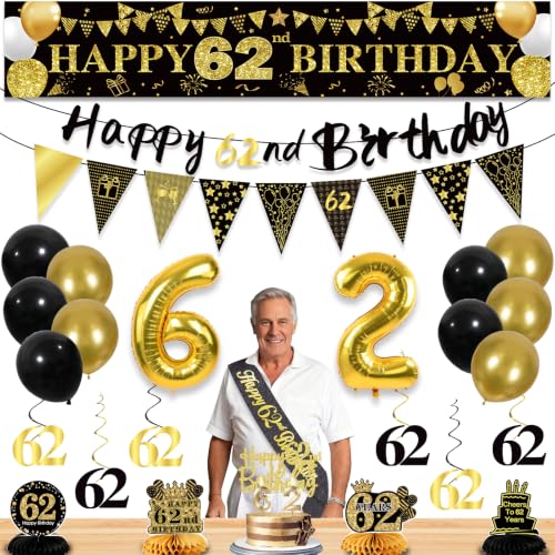 Image of 62nd Birthday Decorations for Men, Black Gold 62nd Party Decoration Kits
