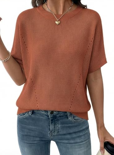 Dokotoo Womens Clothing Short Sleeve Tops for Women Spring Summer Oversized Sweaters Old Money Clothes Elegant Business Casual Loose Crewneck Lightweight Knit Tops Shirts Vacation Outfits Red S