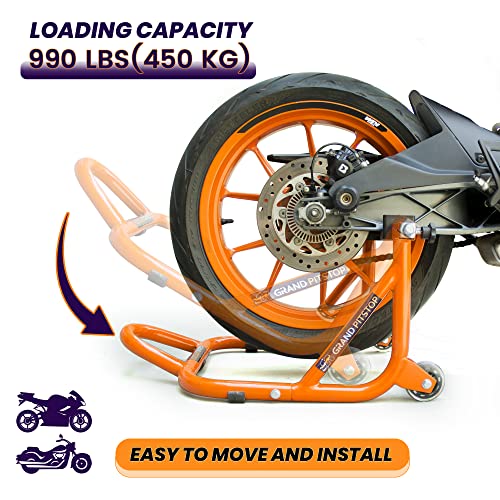 Grand Pitstop Universal Rear Paddock Stand for Motorcycle with Swingarm Rest (Dismantable with Skate Wheels, Orange, Motorcycle Weight Up to 450 Kgs)