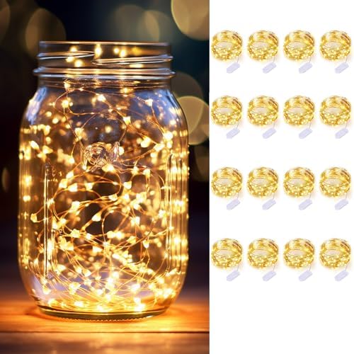 LEDIKON 16 Pack 10ft 30 LED Fairy Lights Battery Operated String Lights,Silver Wire Warm White Firefly Mini Lights for Wedding,Party,DIY Crafts,Mason Jars,Centerpieces Table Decorations