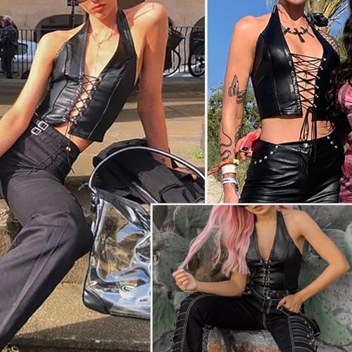 KFLY Leder Korsett Tank Top Sexy Tiefer V-Ausschnitt Damen Y2k Croptops Gothic PU Bauchfreies Oberteil Clubwear (DE/NL/SE/PL, Alphanumerisch, L, Regular, Regular, Schwarz)