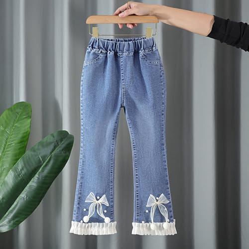 Trendy Girls Denim Pants Wide Leg Flare Jeans with Pearl Bow Embroidery and Comfortable Elastic Waist for Stylish2