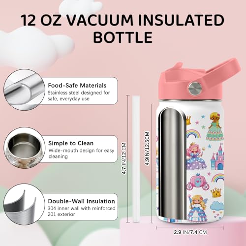 Image of Princesses Water Bottle for Daughter, Stainless Steel Insulated Tumbler with Straw Lid and Handle, 12oz Reusable Leak-Proof Bottle for Sports