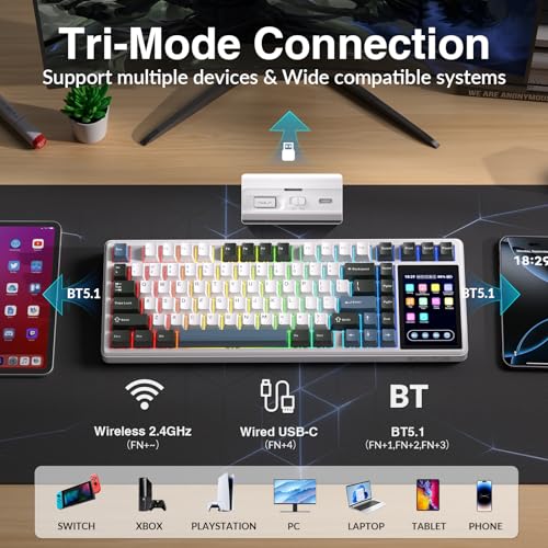Image of Aula L99 Wireless Mechanical Keyboard with Smart Touch Screen,Tri-Mode Hot Swappable Custom Gaming Keyboard,RGB Backlit,PBT Keycap,Gasket Mount Creamy Sounding Computer Keyboards for Office PC,84 Keys