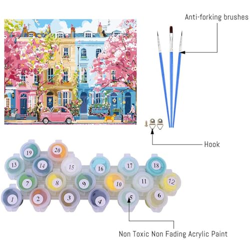 Image of Clendo Paint by Numbers Kit for Adults Beginners, Spring Street Adult Paint by Numbers on Canvas, Acrylic Painting Crafts for Home Decor (16x20inch)