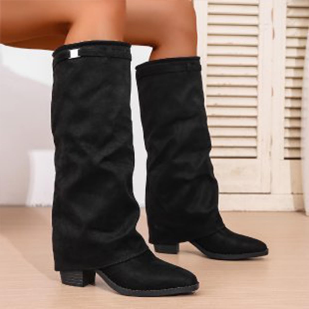 Fold Over Stivali Donna Invernali Cowboy Stivaletti con Tacco
