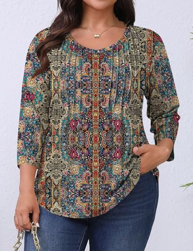 Romanstii Plus Size Tops for Women Womens 2025 Summer 3/4 Sleeve Blouses Dressy Casual V-Neck T-Shirts Pleated Tunic XL-5XL2