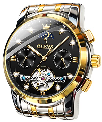 OLEVS Mens Automatic Watches Luxury Dress Diamond Self Winding Mechanical Wrist Watch Black Skeleton Tourbillon Business Stainless Steel Moon Phase Date Watch for Man
