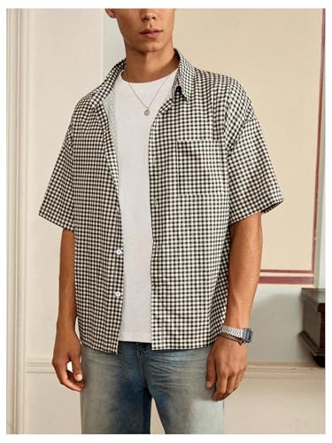 GORGLITTER Men's Plaid Button Up Crop Top Shirt Gingham Short Sleeve Tee Shirts3