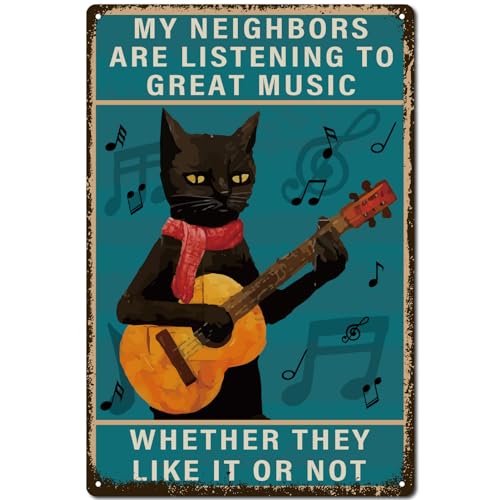 CREATCABIN Gatto Nero Musica Targa In Metallo Retrò Targa In Metallo Vintage Gatto Divertente Chitarra Poster Pittura Retrò Targa In Ferro Decorazione Da Parete Arte Murale Targa Da Appendere 30x20cm