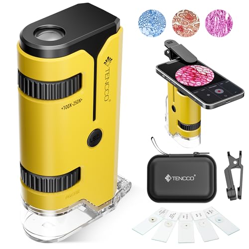 100x-250x Mini Microscopio de Bolsillo para Niños Adultos, Microscopio de Mano Protable con 5 Portaobjetos, Adaptador de Teléfono, Kit de Portátil Miniscope para Niños Adultos Laboratorio, Amarillo