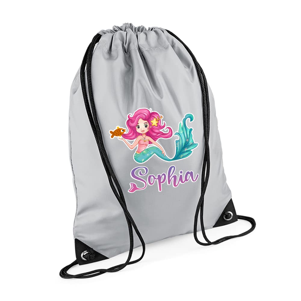 Mermaid Girl Gift Bag Personalised Backpack Mermaid Bag Gift for Kids-Girl Toddlers Birthday Girl Drawstring Bag, PE Gym Kit Swimming, Sport Rucksack. (Light Grey)