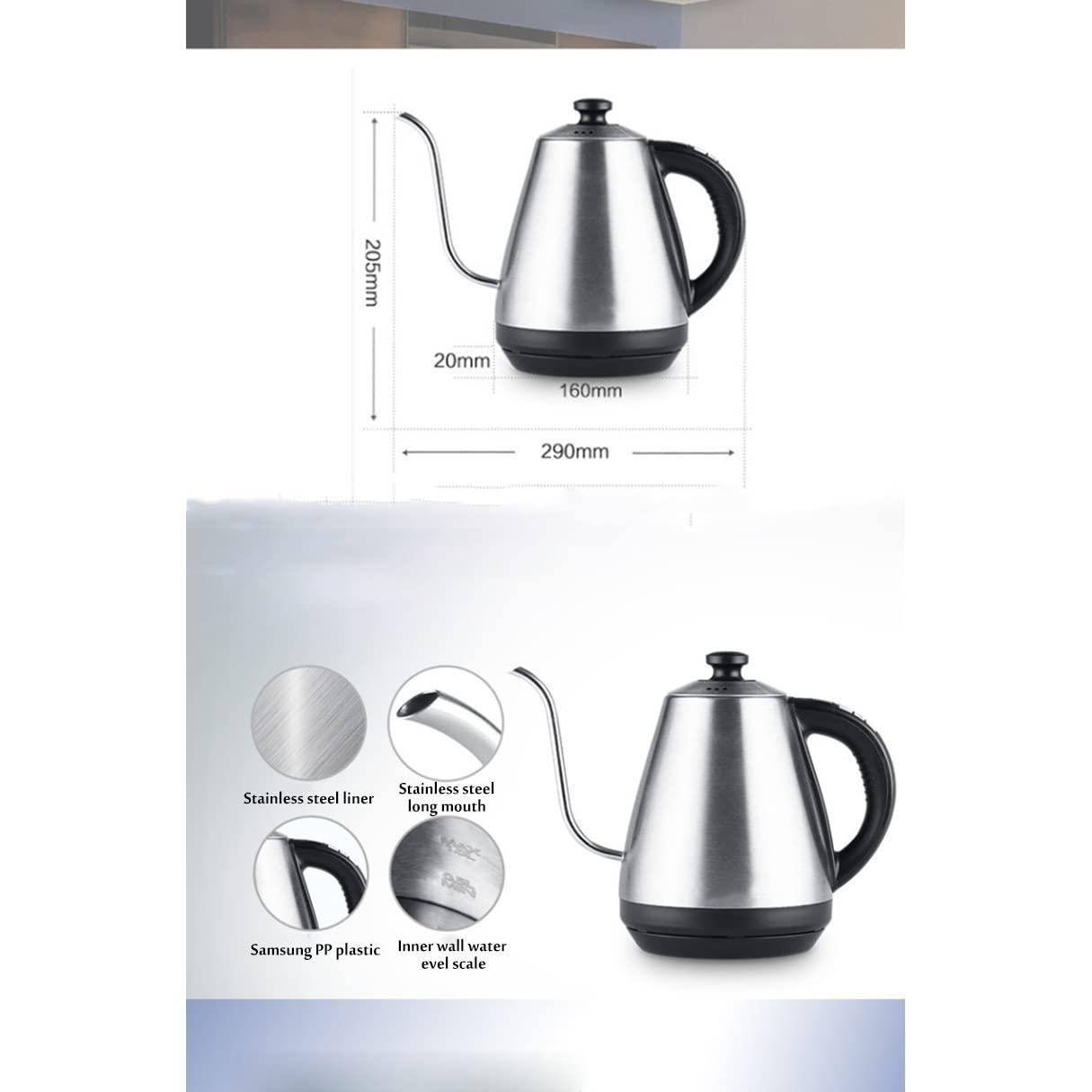 Bollitore elettrico a collo di cigno con temperatura preimpostata Teiera elettrica da 1 litro Bollitore a goccia Termostato Riscaldamento Bollitore rapido per caffè e tè, Argento satinato (Nero