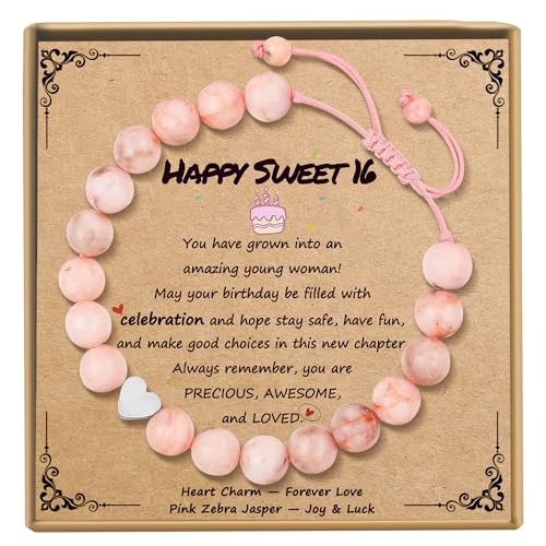 Sereney Sweet 16 Gifts for Girls, Pink Beaded Adjustable Bracelet as 16th Birthday Gifts for Girls Daughter Granddaughter Niece, Sweet Sixteen Gifts for 16 Year Old Girl