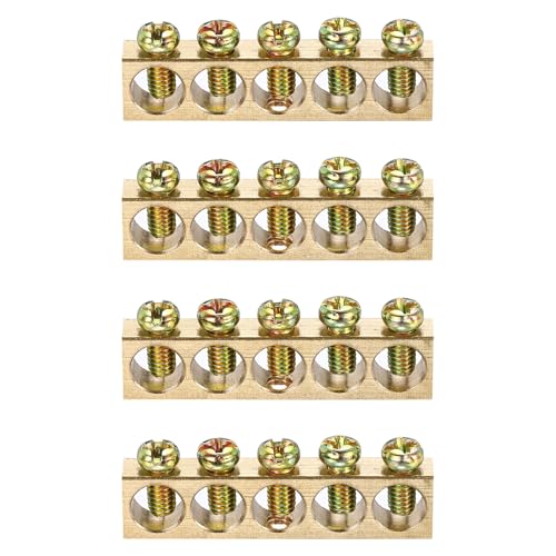 uxcell 4 Pcs Terminal Ground Bar, 5 Positions Screw Brass Terminal Ground Bar, M4 5.7x10mm Screw Block Barrier Brass for Electrical Devices