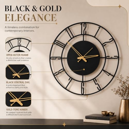 Image of 40 cm Metal Wall Clock, Black, Silent Non-Ticking | Silent Non-Ticking, Skeleton Design, Modern Iron Analog, Design-2