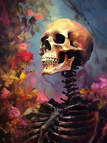 SKRYUIE 5D Skeleton Diamond Painting Kits - DIY Diamond Art Kits for Adults Skull Flower, Full Round Drill - Crystal Cross Stitch - Adults Craft for Wall & Office Decor - 12x16 inch