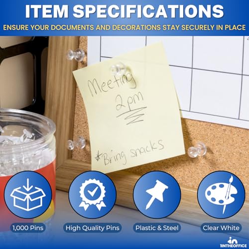 1InTheOffice Clear Push Pins, Steel Point, for Cork Board 1000 Pins