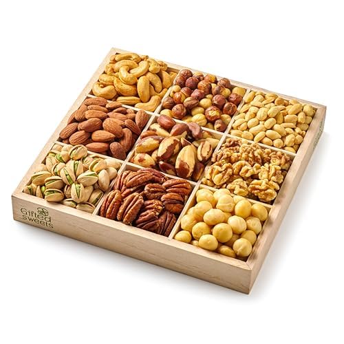Nuts Gift Basket - Assortment of 9 Roasted and Salted Gourmet Nuts - Assorted Food Gift Box for Birthday, Gift Sympathy, Men & Women. In a Reuseable Wood Tray
