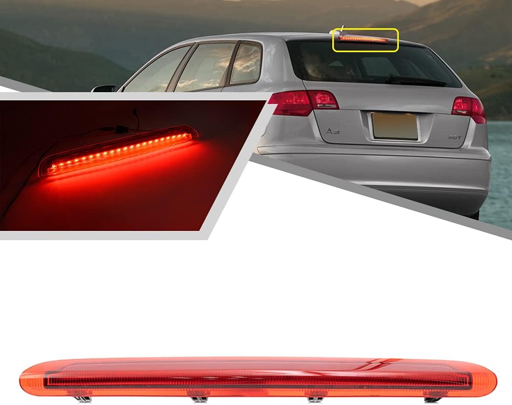 Red Lens Red LED Rear Windshield 3rd Third Brake Light Bar Assembly for Audi A3 S3 Sportback without a spoiler model ONLY 2004–2013 High Mount Third Brake lamp