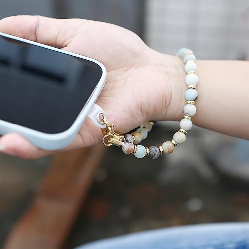 Miniatura 6 de Correa de muñeca para teléfono, dije de mármol con cuentas para teléfono con pestaña de sujeción, correa de muñeca manos libres para la mayoría de