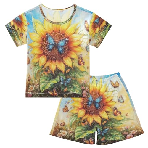 ALAZA Sunflower Butterfly Leaf Blossom Pajamas Set Short Sleeve Cotton Sleepwear Summer Pjs 2 Piece 5-14Y