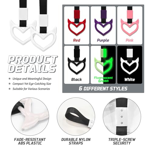 Image of 2 Pcs Devil Heart Shaped Car Handle Strap - Drift Charm Rear Bumper Warning Ring Decor for Car Interior Exterior, Subway Bus Handle Accessory, Cute Heart Car Decor Gift for Drivers (White)
