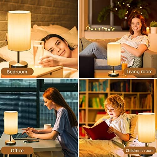 Touch Control Table Lamp,3-Way Dimmable Bedside Lamp Nightstand Lamps with White Fabric Shade for Bedroom Living Room,6W LED Bulbs Included