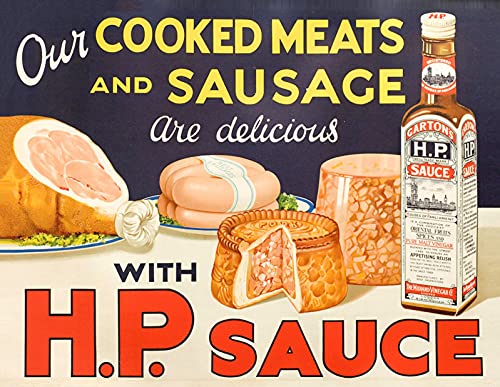 BigBazza Vintage Advertising Wall Tin Plaque 20x15cm - Pub Shed Bar Man Cave Home Bedroom Office Kitchen Gift Metal Sign - Retro Meal HP Brown Sauce Inspired Café Canteen Work Shop Food advert