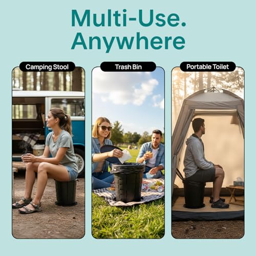 Image of SereneLife Foldable Toilet Seat for Camping, Adjustable Height Portable Travel Potty with Lid, Carry Bag, Non-Slip Base, 331 lbs Capacity + 3-Pack Flushable Wipes, for Car, Hiking, Outdoor Use, Black