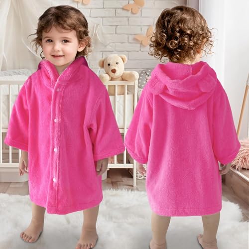 Image of VOOVA & MOVAS Baby Hooded Towel with Bear Ear, 0-24Months | 100% Cotton, Ultra-Soft & Absorbent | Gentle for Sensitive Skin, Bath, Pool & Beach Towel | Newborn (Hot Pink)