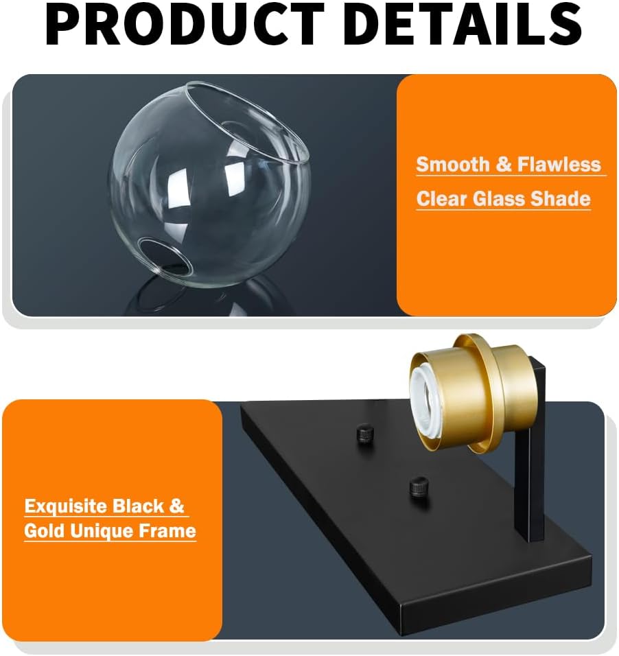 2 Light Bathroom Vanity Light Fixture, Globe Black and Gold Vanity Light, Two Light Bathroom Lighting Fixture over Mirror with Clear Glass, Sconce Wall Lighting for Kitchen Living Room Bedroom Hallway