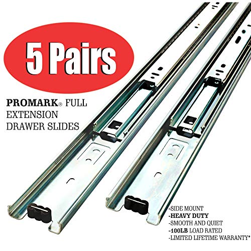 5 Pack Promark 3-Section 100 Lb Capacity Full Extension Ball Bearing Side Mount Drawer Slides (14 Inches) #TOP1