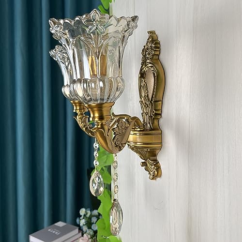 Image of Vintage Wall Sconce, Elegant Brass Wall Light, Crystal Floral Bedside Wall Lamp for Entrance, Bedroom, Hallway
