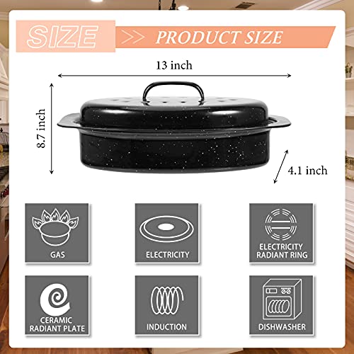 Laedau Granite Roaster Pan 13 Inch Multi Use Oval Roaster With Lid Small Granite Roaster Pot For Turkey, Small Chicken, Roast Baking Pan, Black Speckled Enamel Cookware, Roast 7 Lb Birds #TOP2