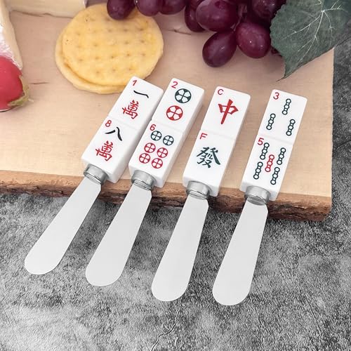 Wine Things Mahjong Tile Cheese Spreaders, Hand-Painted Resin Handles with Stainless Steel Blades for Spreading Cream Cheese, Butter, and Jam, Assorted Designs, Set of 4 - Thumbnail 3