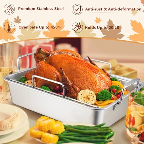 LIANYU 16 Inch Roasting Pan, Large Turkey Roaster with V-Shaped Rack and Baking Rack, Heavy Duty Stainless Steel Deep Broiling Lasagna Pan with Handle for Chicken, Dishwasher Safe