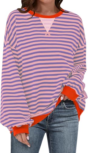 Image of UEU Women Oversized Striped Crewneck Sweatshirt Long Sleeve Color Block Pullover Tops Casual Loose Workout Shirt
