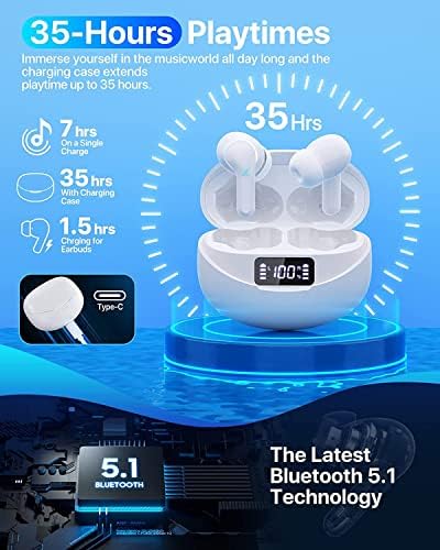 Wireless Earbuds, GAUKRIPA Wireless Headphones Hi-Fi Stereo 35H Playtime Touch Control Bluetooth Earphones with Mics, IPX7 Waterproof Bluetooth 5.1 In-Ear Headphones with Charging Case For Work Sports