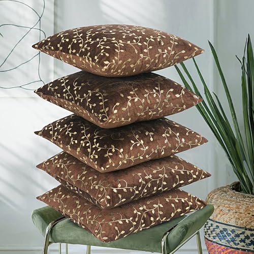 Image of RD TREND Premium Velvet Cushion Covers Set of 5 | Soft Decorative Throw Pillow Covers for Sofa, Bed & Living Room | Cushion Cover 18 inch x 18 inch (45x45 cm) Chocolate Brown
