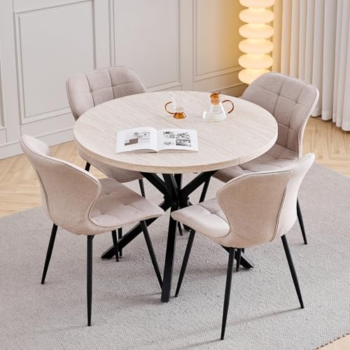 GrandCA HOME Ensemble Table et Chaises, 4 Chaises de Salle à Manger en Lin Kaki et Une Table à Manger Ronde Moderne de 100 cm, idéale pour la Cuisine, Le...