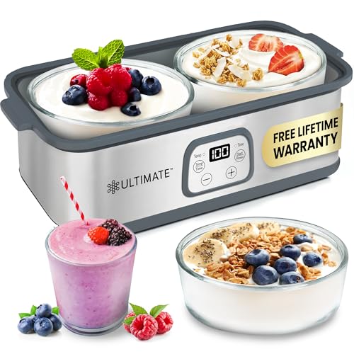 Ultimate Probiotic Yogurt Maker with Adjustable Time & Temp Control - Make Trillions of Live Probiotics with Two 1-Quart Containers for Larger Batches - Greek Yogurt Maker - ULTIMATE LIFETIME WARRANTY